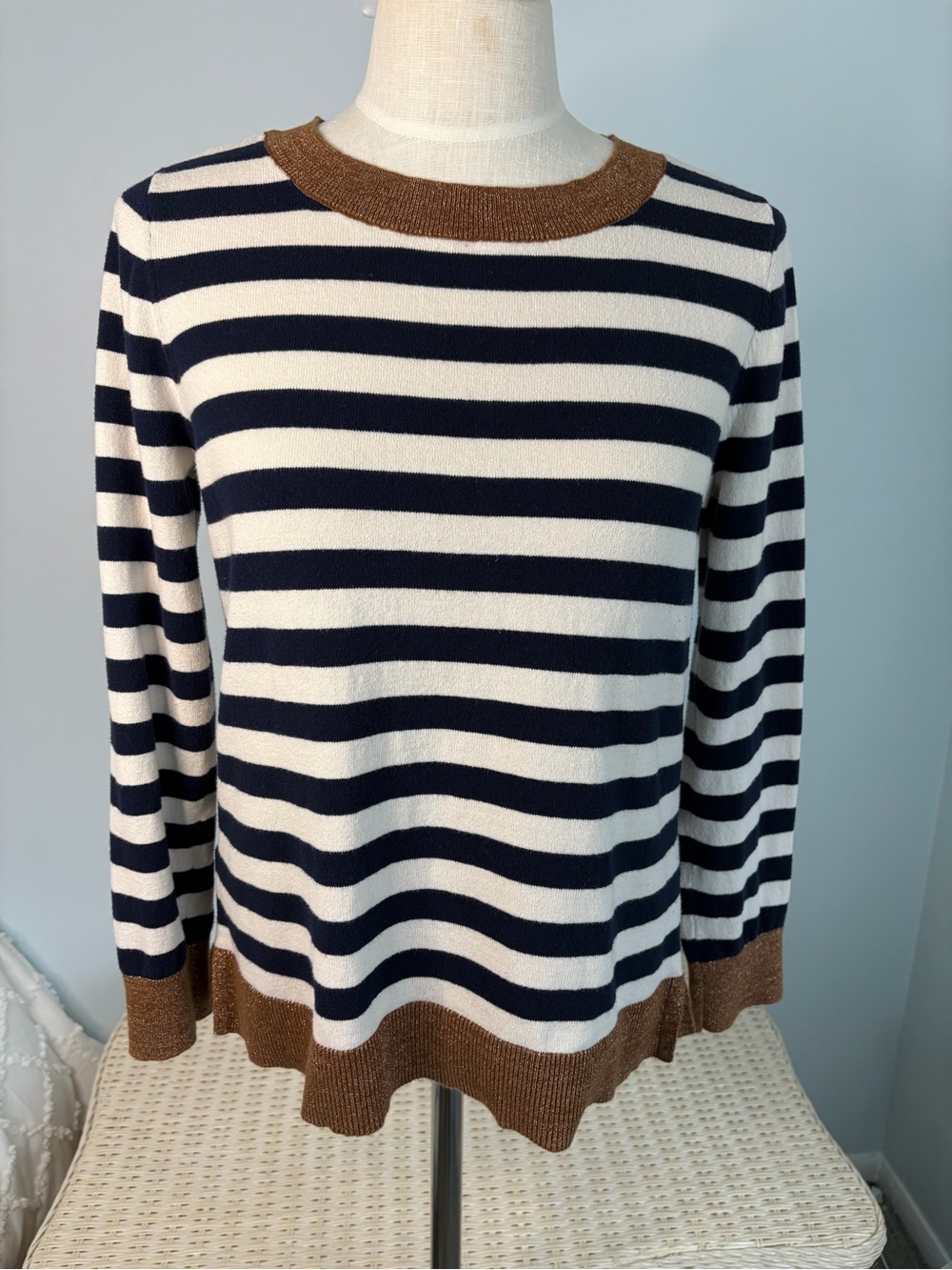 LOFT outlet Striped Navy & Cream Crewneck Sweater with Brown Trim